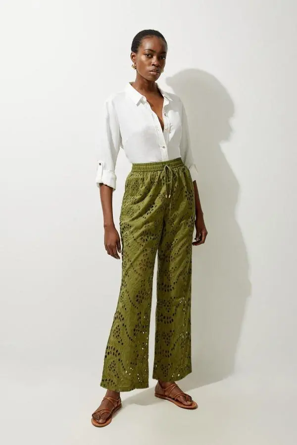 Cotton Broderie Woven Wide Leg Trouser