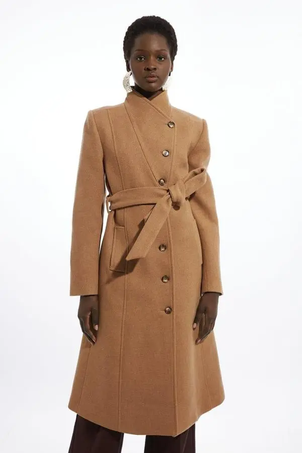 Italian Manteco Wool Blend Asymmetric Button Belted Tailored Midi Coat