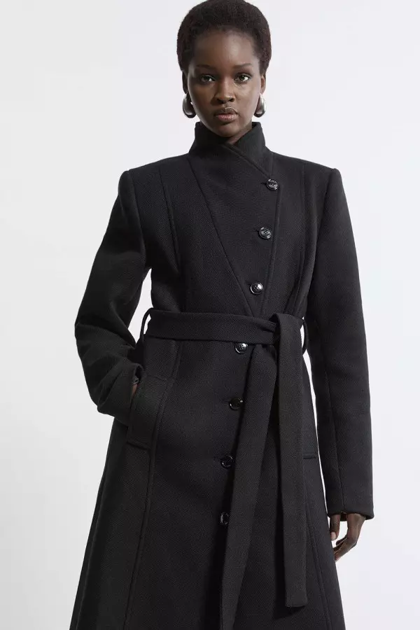 Tall Italian Manteco Wool Blend Asymmetric Button Belted Tailored Midi Coat