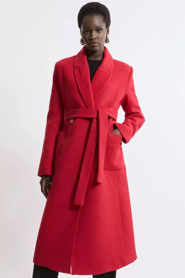 Italian Manteco Wool Blend Wrap Belted Tailored Midi Coat