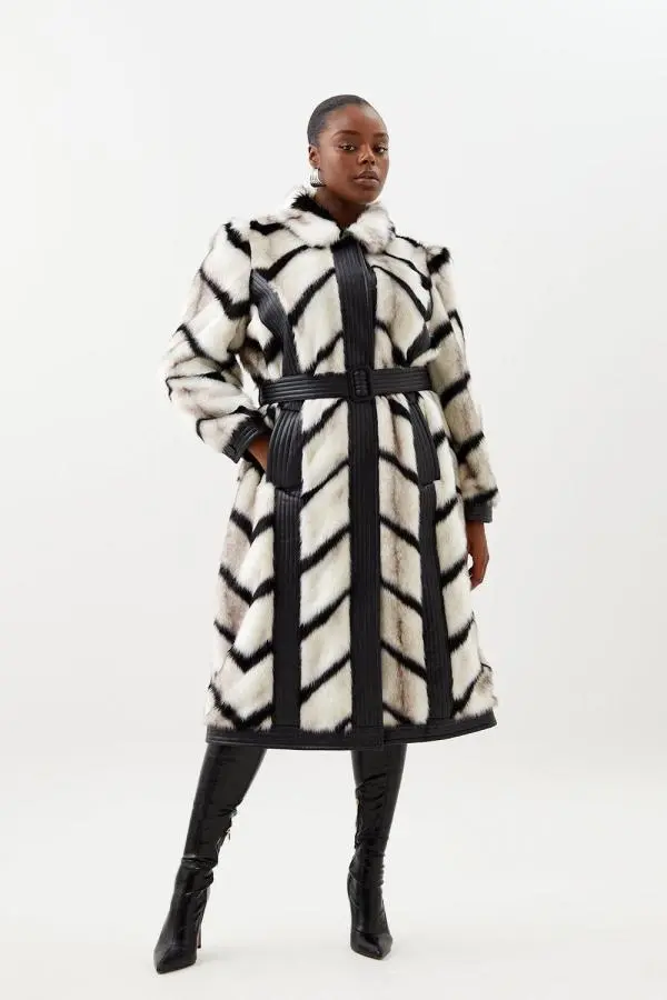 Plus Size Panelled Stripe Faux Fur Pu Belted Long Coat