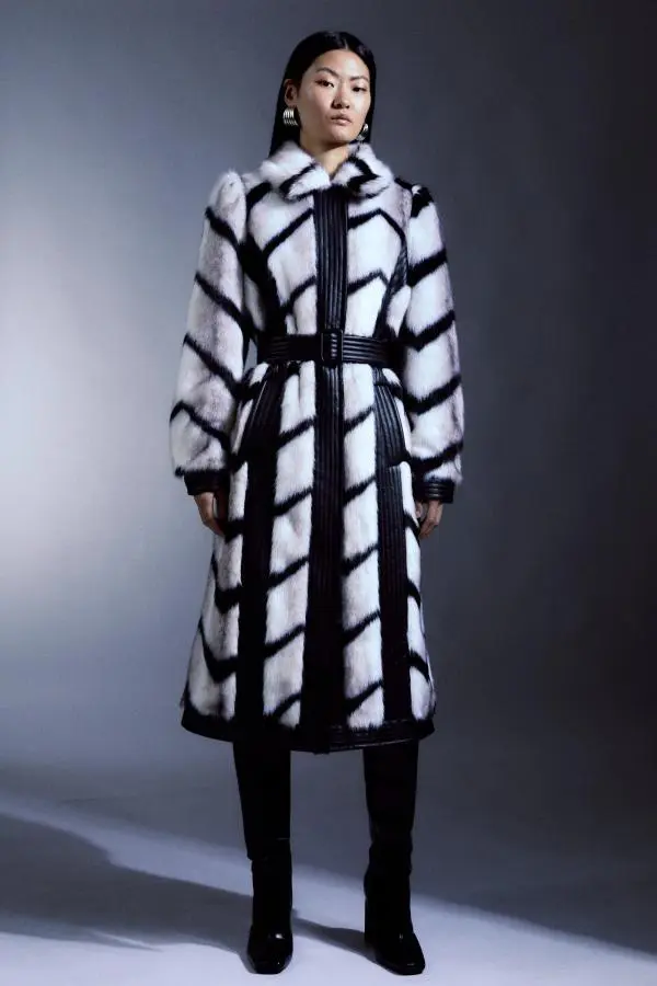 Petite Panelled Stripe Faux Fur Pu Belted Long Coat