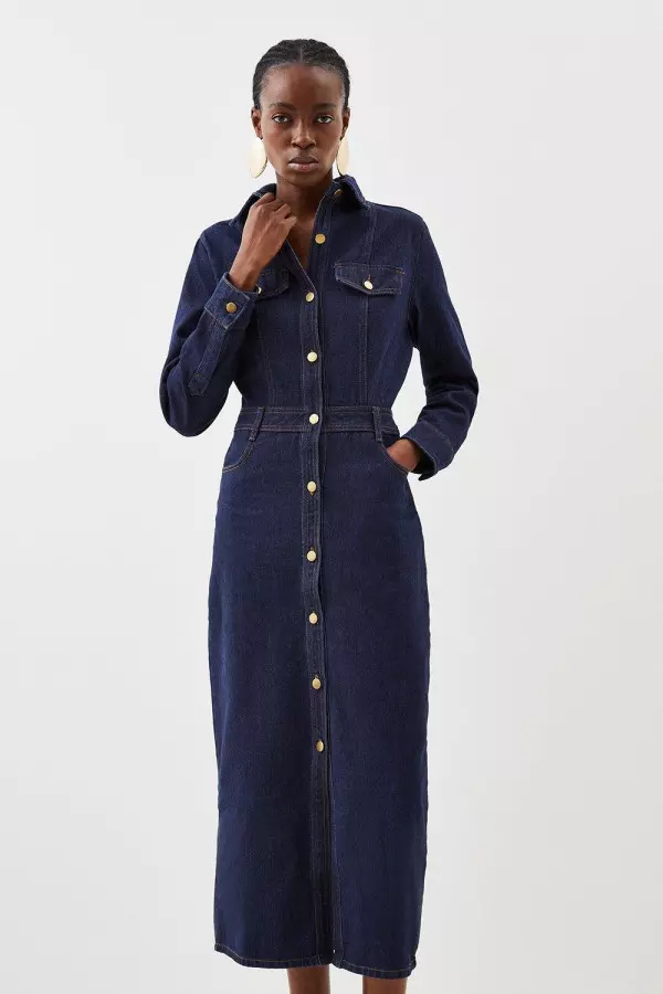 Denim Long Sleeve Midi Shirt Dress