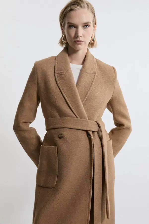 Italian Manteco Wool Blend Wrap Belted Tailored Midi Coat