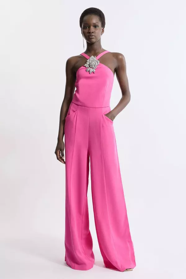 Compact Stretch Viscose Crystal Embellished Rosette Straight Leg Tailored Jumpsuit