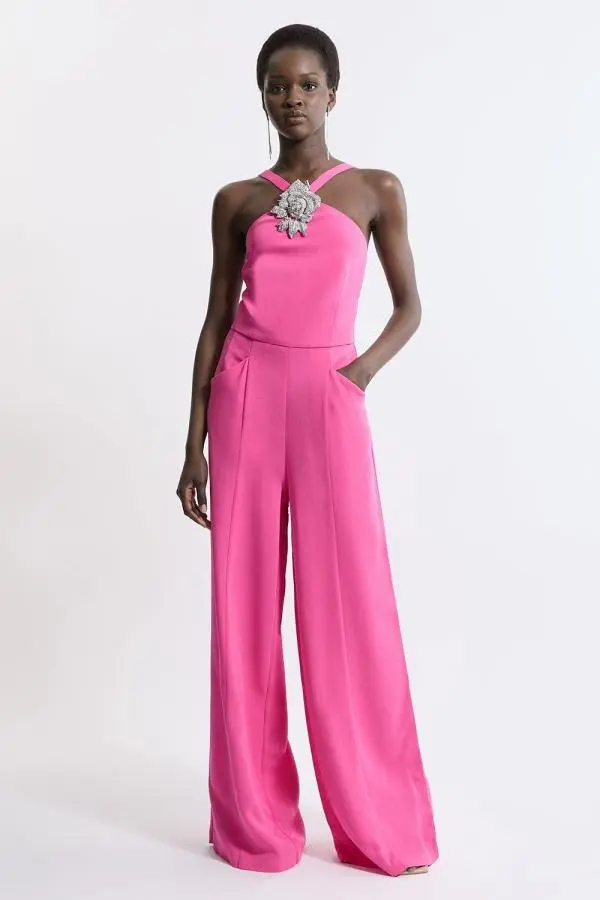 Compact Stretch Viscose Crystal Embellished Rosette Wide Leg Tailored Jumpsuit