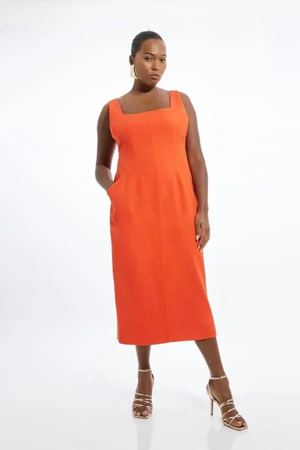 Plus Size Viscose Tencel Tailored Square Neck Pencil Midaxi Dress