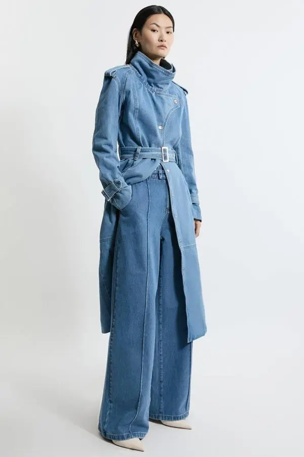 Denim Waistband Detail Wide Leg Trousers