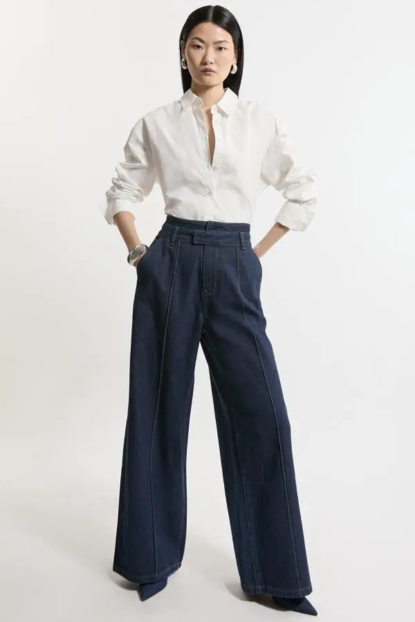 Denim Waistband Detail Wide Leg Trousers