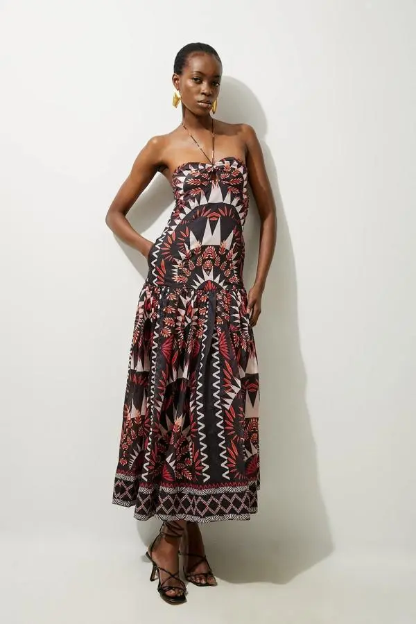 Petite Voile Mirrored Batik Woven Strappy Maxi Dress