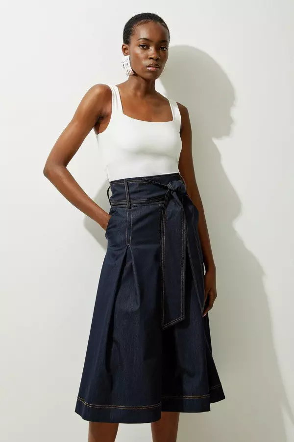 Tailored Denim Full Skirted Belted Midaxi Skirt