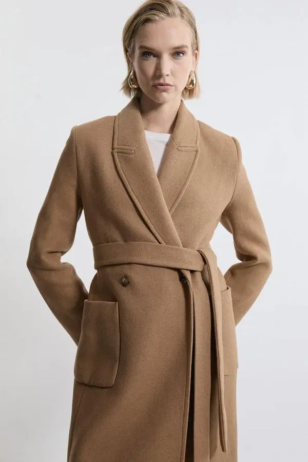 Petite Italian Manteco Wool Blend Wrap Belted Tailored Midi Coat