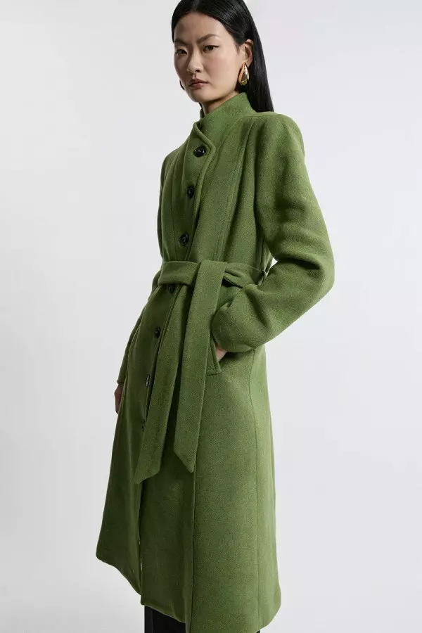 Italian Manteco Wool Blend Asymmetric Button Belted Tailored Midi Coat