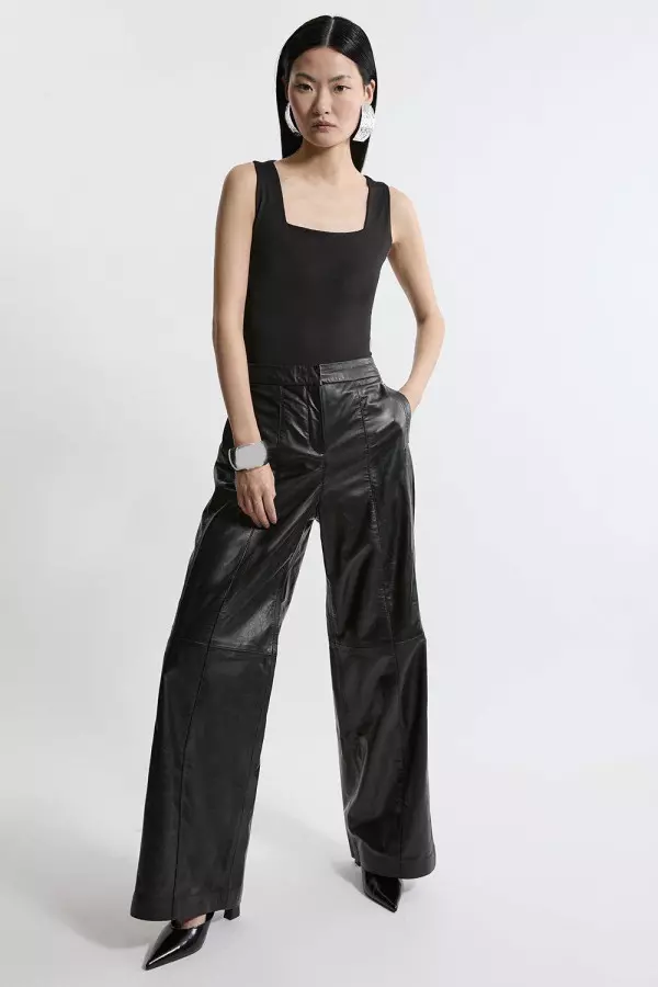 Mid Rise Wide Leg Leather Trousers