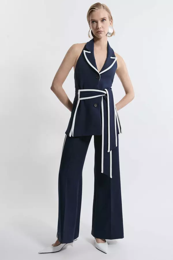 Compact Stretch Contrast Tipped Belted Wide Leg Tailored Jumpsuit
