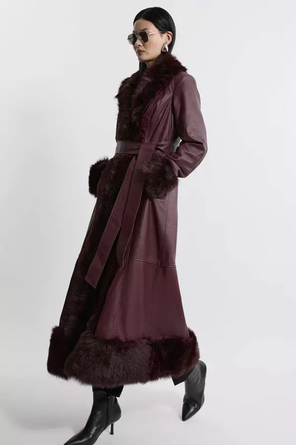 Leather & Shearling Cuff And Collar Maxi Coat
