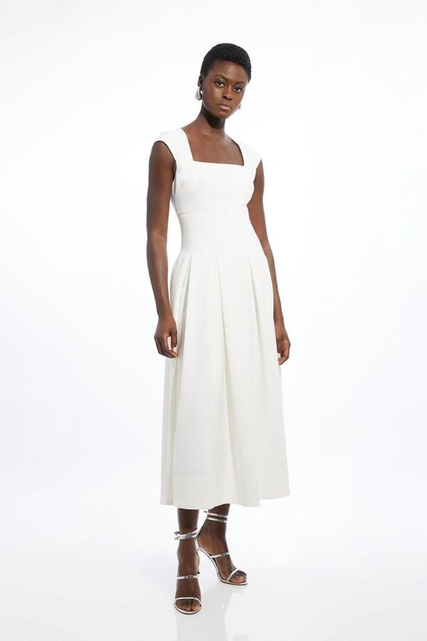 Clean Tailored Square Neck Full Skirted Midi Dress