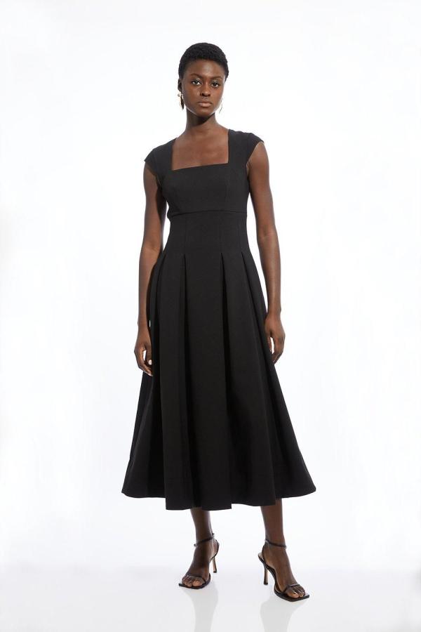 Clean Tailored Square Neck Full Skirted Midi Dress