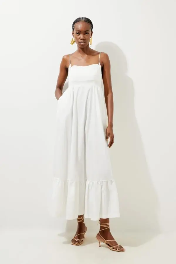 Cotton Topstitch Strappy Maxi Dress