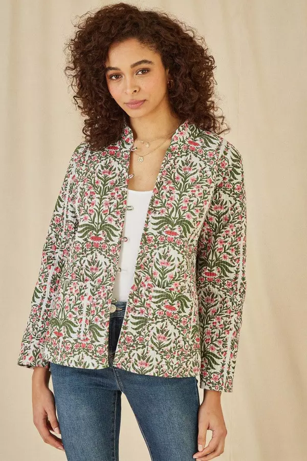 Pink Floral Print Reversible Cotton Quilted Jacket