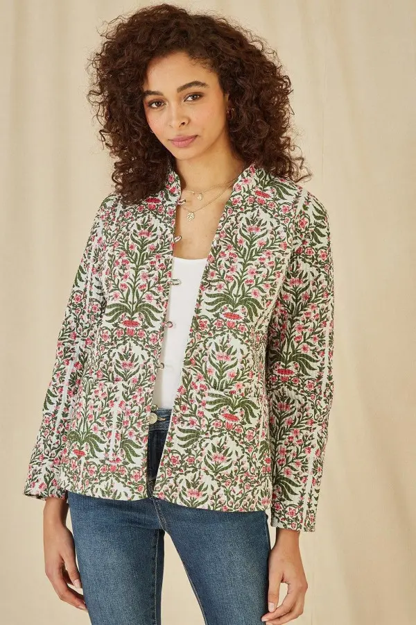 Pink Floral Print Reversible Cotton Quilted Jacket