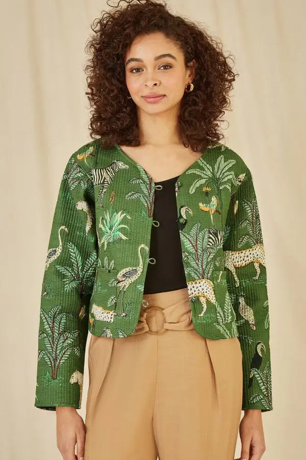 Green Animal Print Reversible Cotton Cropped Quilted Jacket