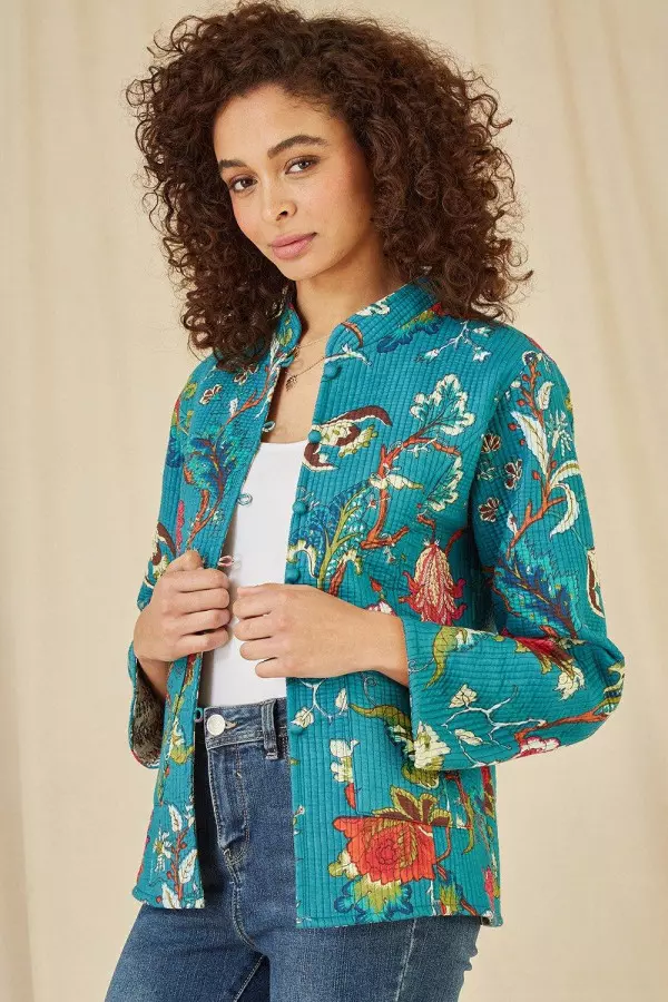 Teal Floral Print Reversible Cotton Quilted Jacket