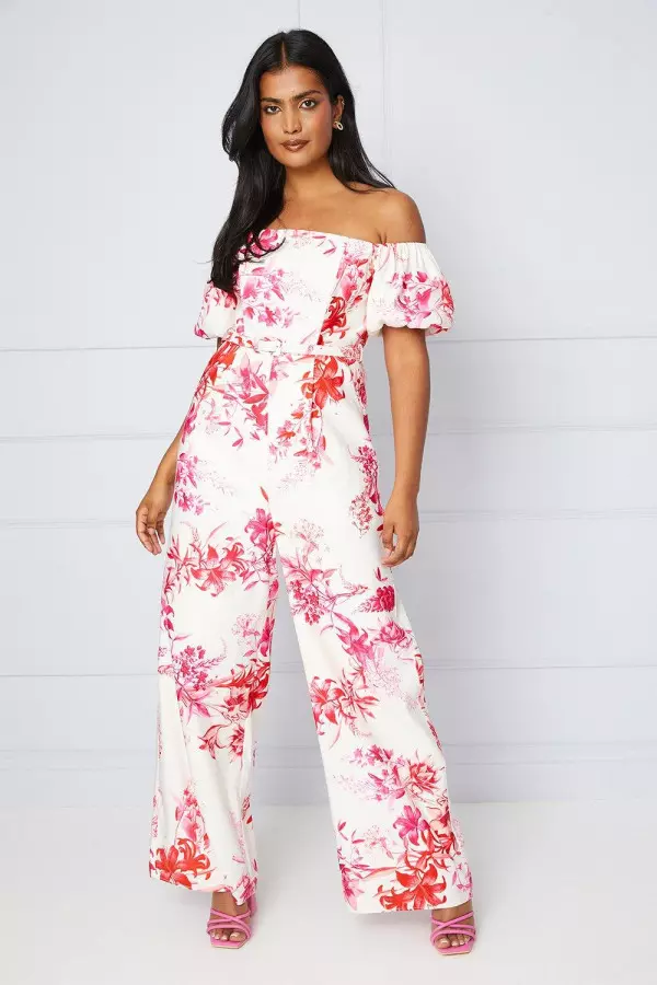 Tropical Floral Ottoman Twill Belted Jumpsuit