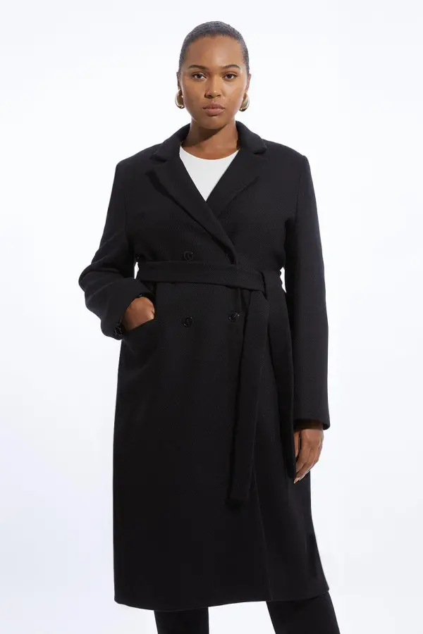 Plus Size Italian Manteco Wool Blend Tailored Belted Midi Coat