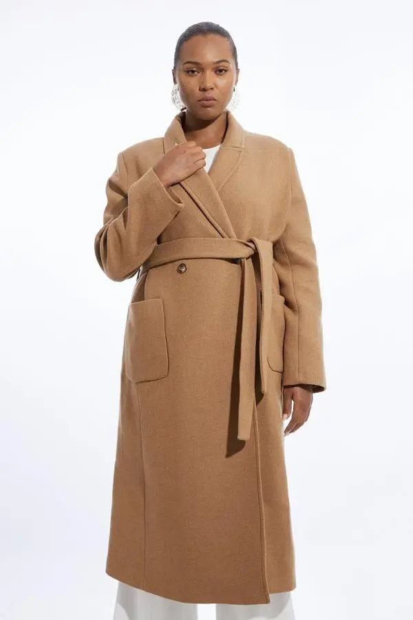 Plus Size Italian Manteco Wool Blend Wrap Belted Tailored Midi Coat