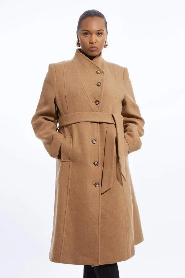 Plus Size Italian Manteco Wool Blend Asymmetric Button Belted Tailored Midi Coat