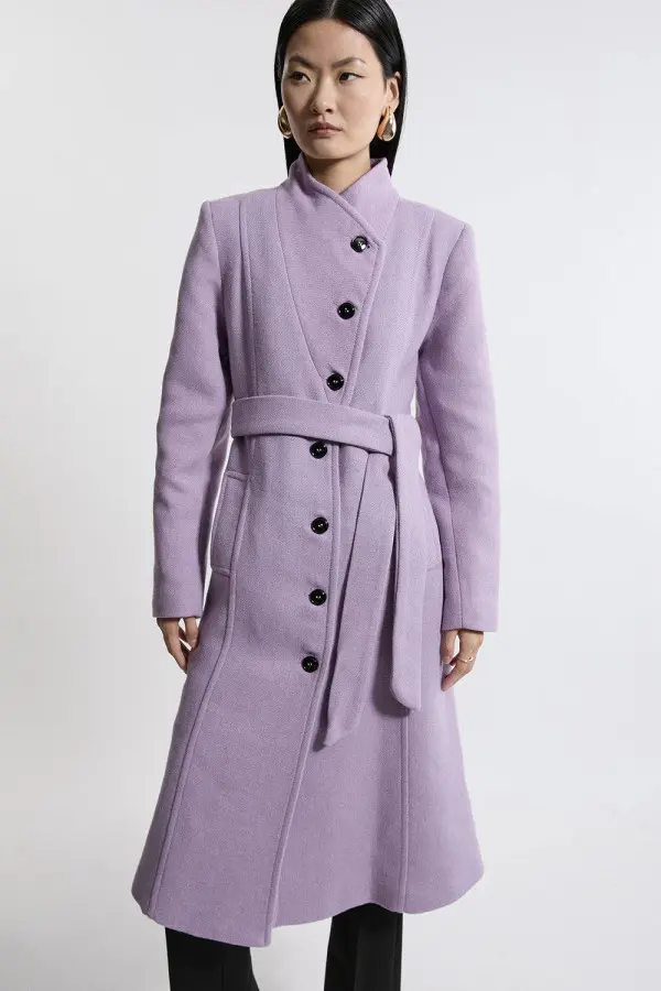 Italian Manteco Wool Blend Asymmetric Button Belted Tailored Midi Coat