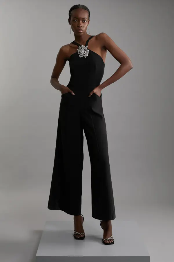 Compact Stretch Viscose Crystal Embellished Rosette Straight Leg Tailored Jumpsuit
