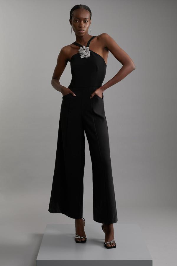 Compact Stretch Viscose Crystal Embellished Rosette Wide Leg Tailored Jumpsuit