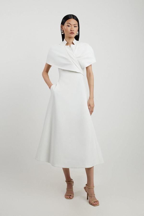 Petite Structured Crepe Cape Detail Full Skirted Tailored Midi Dress