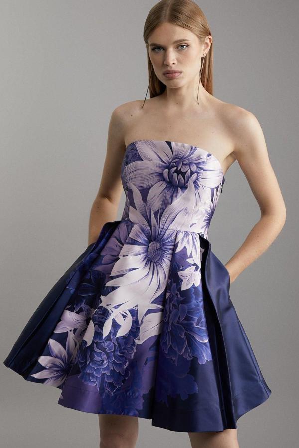 Large Scale Floral Print Woven Prom Mini Dress