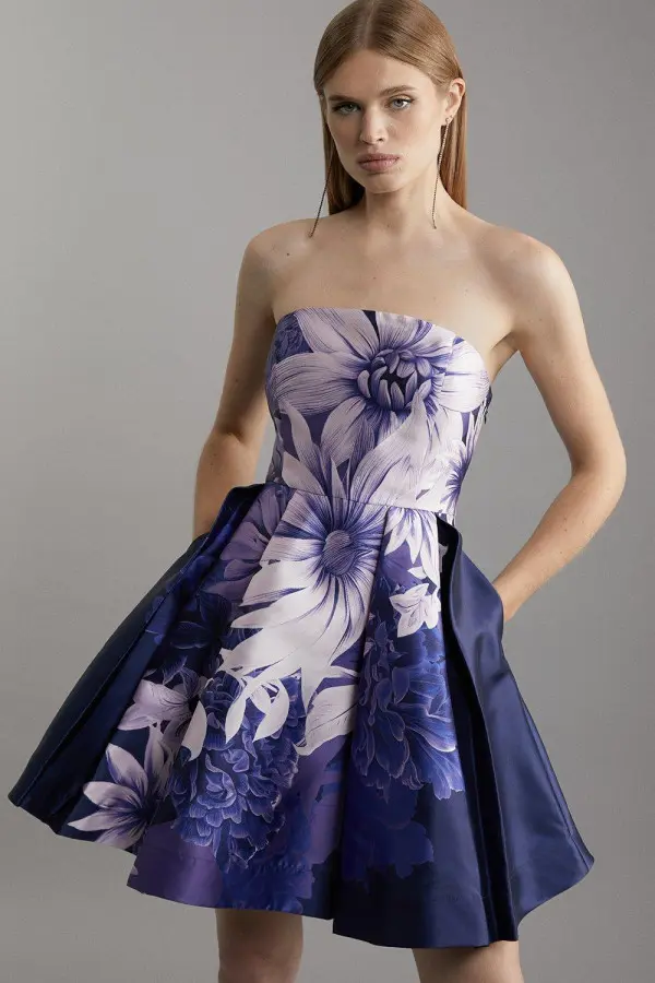 Large Scale Floral Print Woven Prom Mini Dress