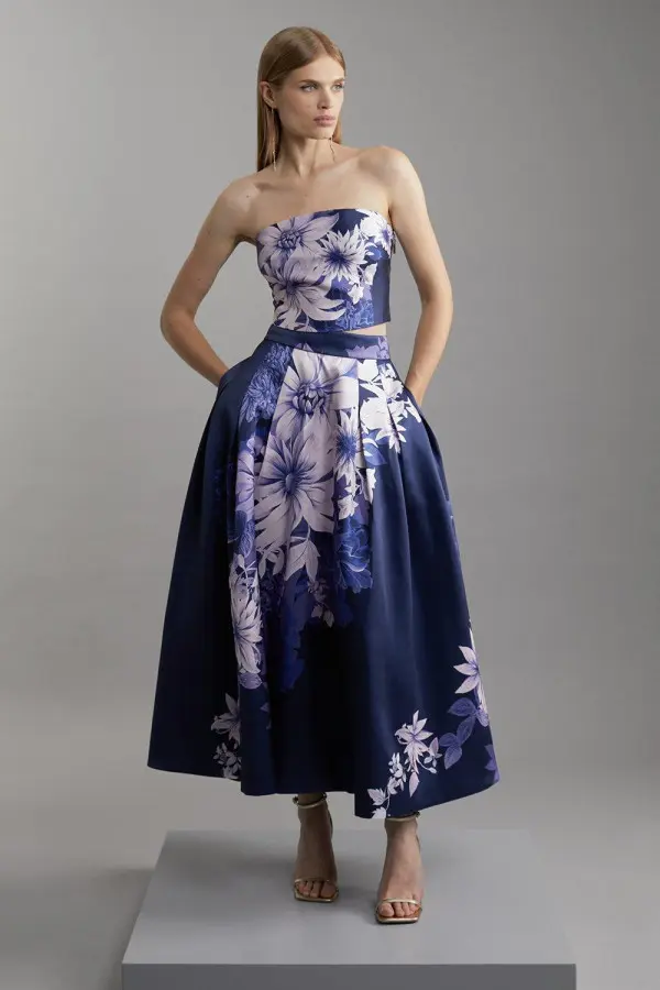 Large Scale Floral Print Woven Prom Midi Skirt