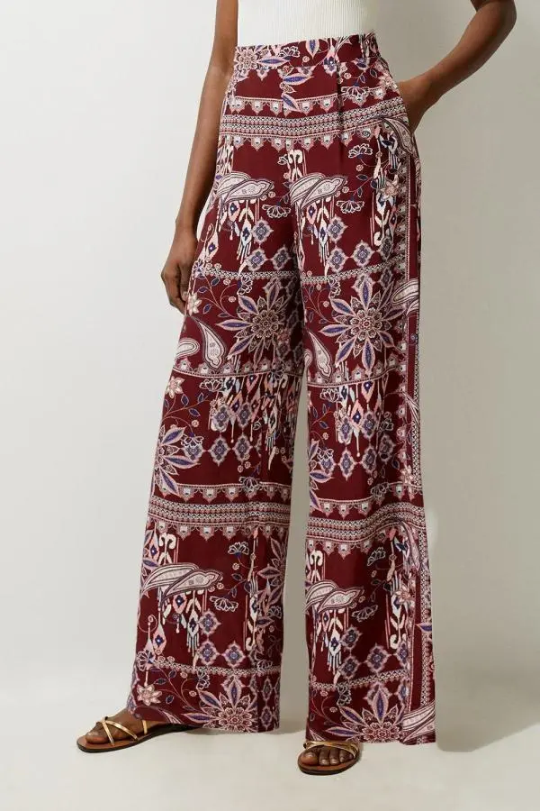 Mixed Print Viscose Crepe Woven High Waisted Trousers