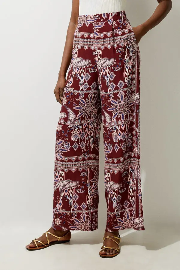 Mixed Print Viscose Crepe Woven High Waisted Trousers