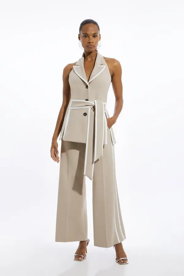 Compact Stretch Contrast Tipped Belted Wide Leg Tailored Jumpsuit