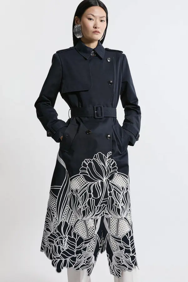 Tailored Cutwork Embroidered Belted Trench Coat