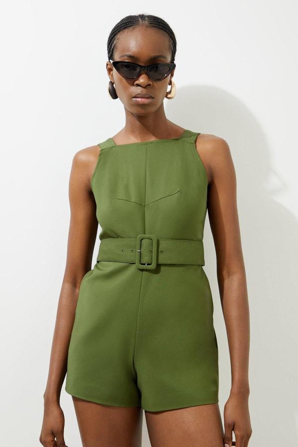 Petite Cotton Sateen Utility Woven Belted Strappy Playsuit