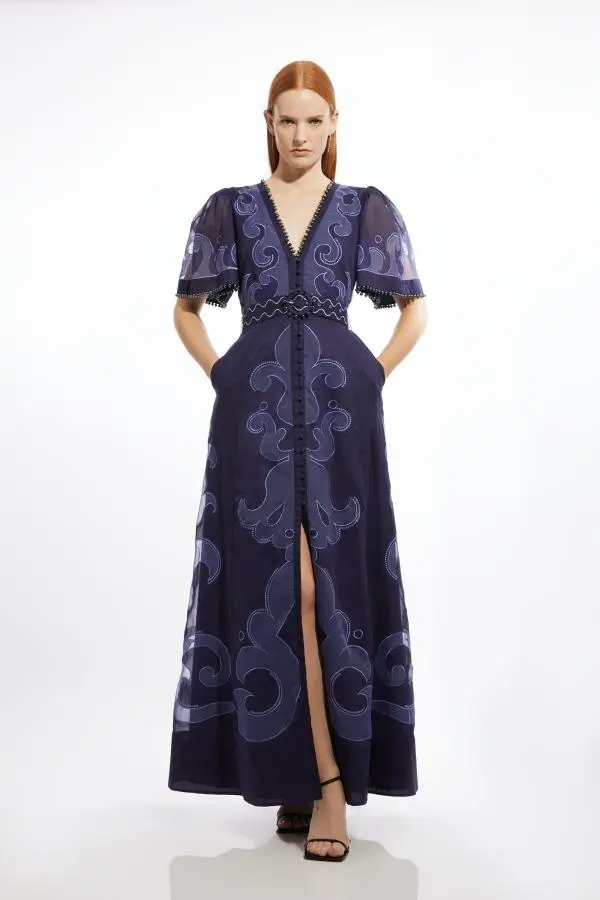 Baroque Applique Organdie Woven Maxi Dress