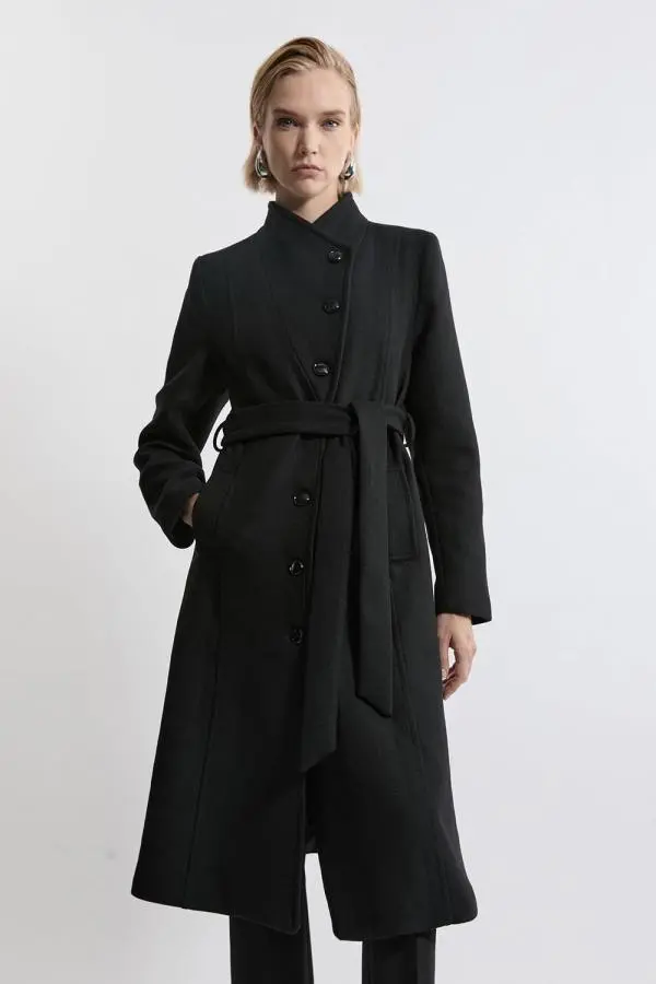 Italian Manteco Wool Blend Asymmetric Button Belted Tailored Midi Coat