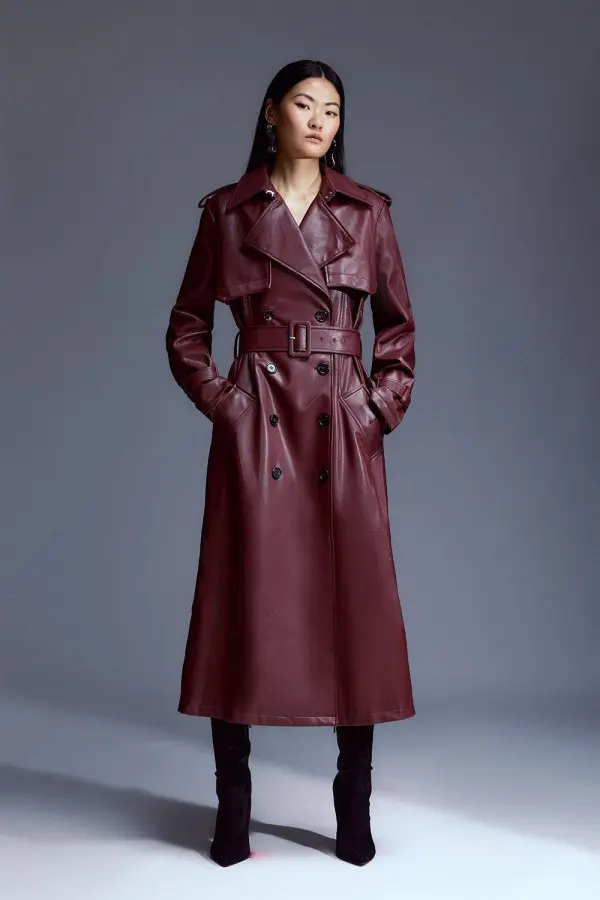 Tailored Faux Leather Belted Trench Coat