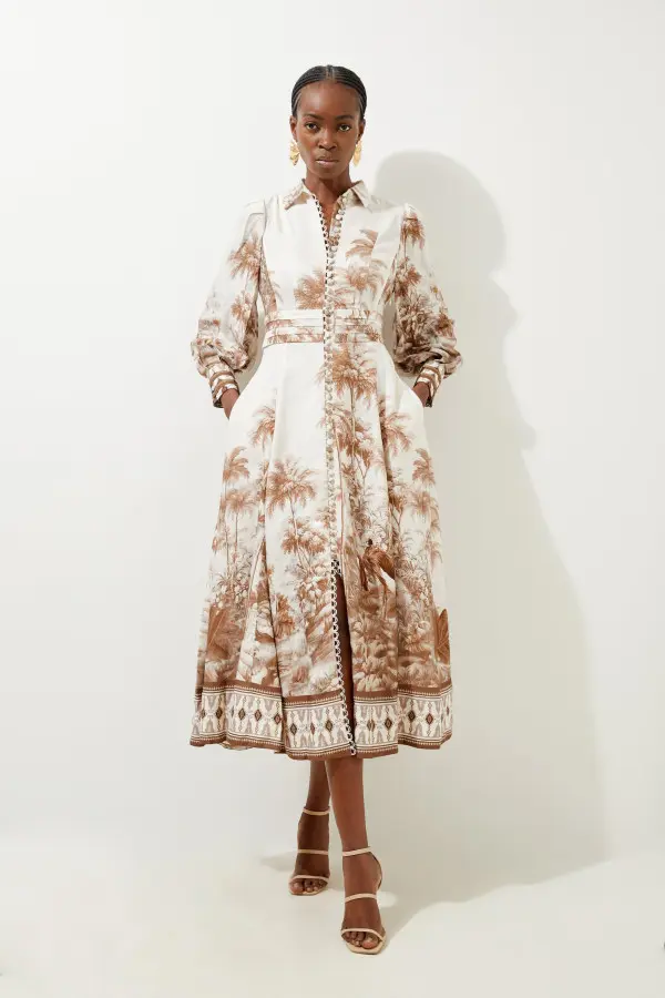 Petite Viscose Linen Scenic Placed Print Balloon Woven Shirt Dress