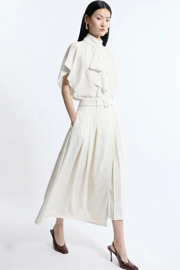 Soft Tailored Crepe Belted Pleated Midi Skirt