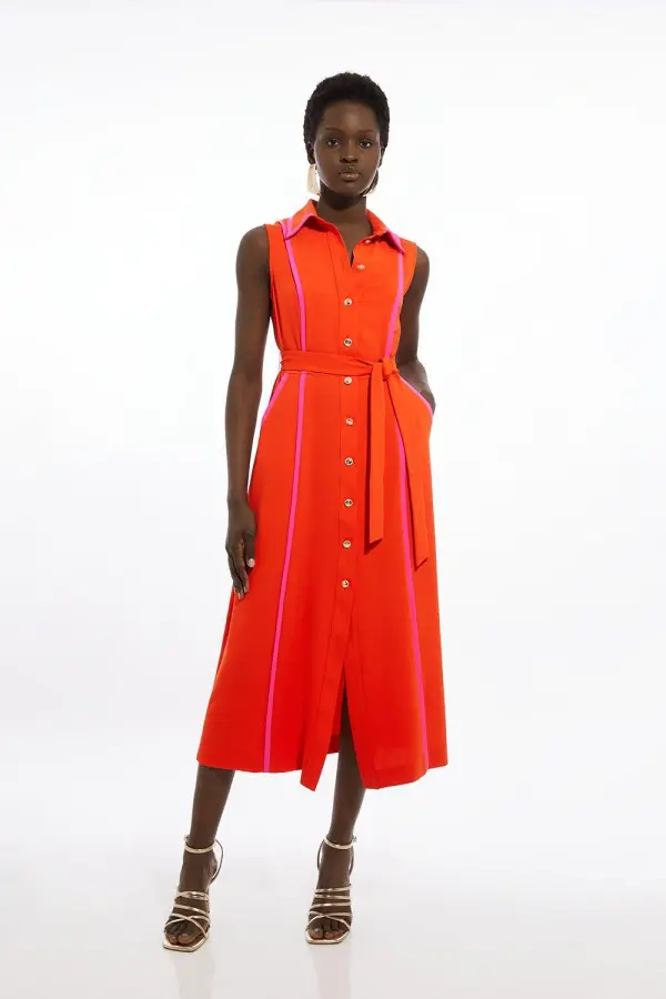 Petite Soft Tailored Pipe Detail Sleeveless Shirt Dress