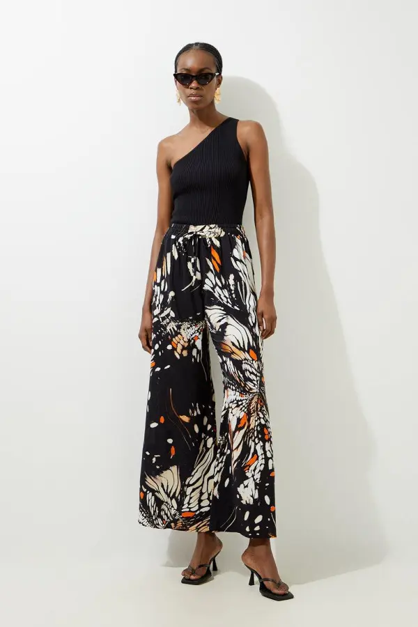 Butterfly Print Viscose Crepe Woven Trousers